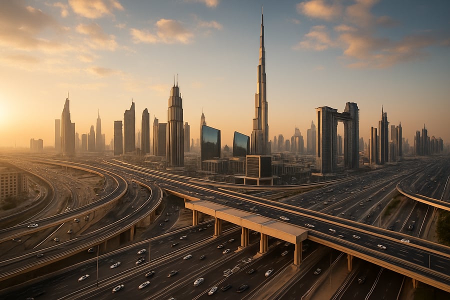 Dubai skyline with busy highways and toll gates