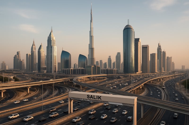 Modern Dubai skyline with busy highways and toll infrastructure